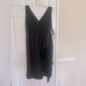NWT DKNY Shift Dress: Black V-Neck Sleeveless, Vertical Fringe w/Rhinestones 12